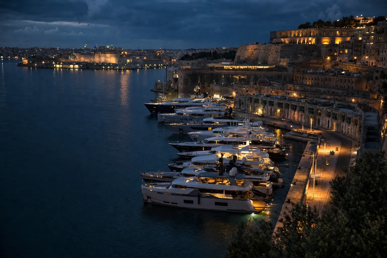 Superyachts berthed stern-to along a Mediterranean stone quay at dusk