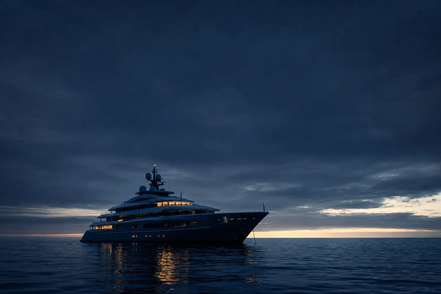 A superyacht at anchor in open water at blue hour